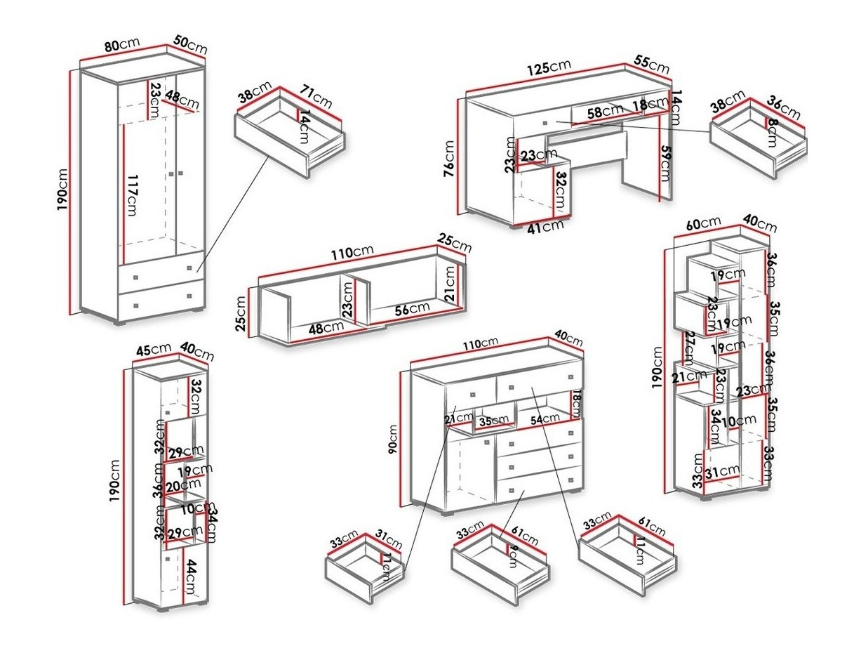 Ensemble de meubles Omaha J120 (Béton + Blanc + Chêne)
