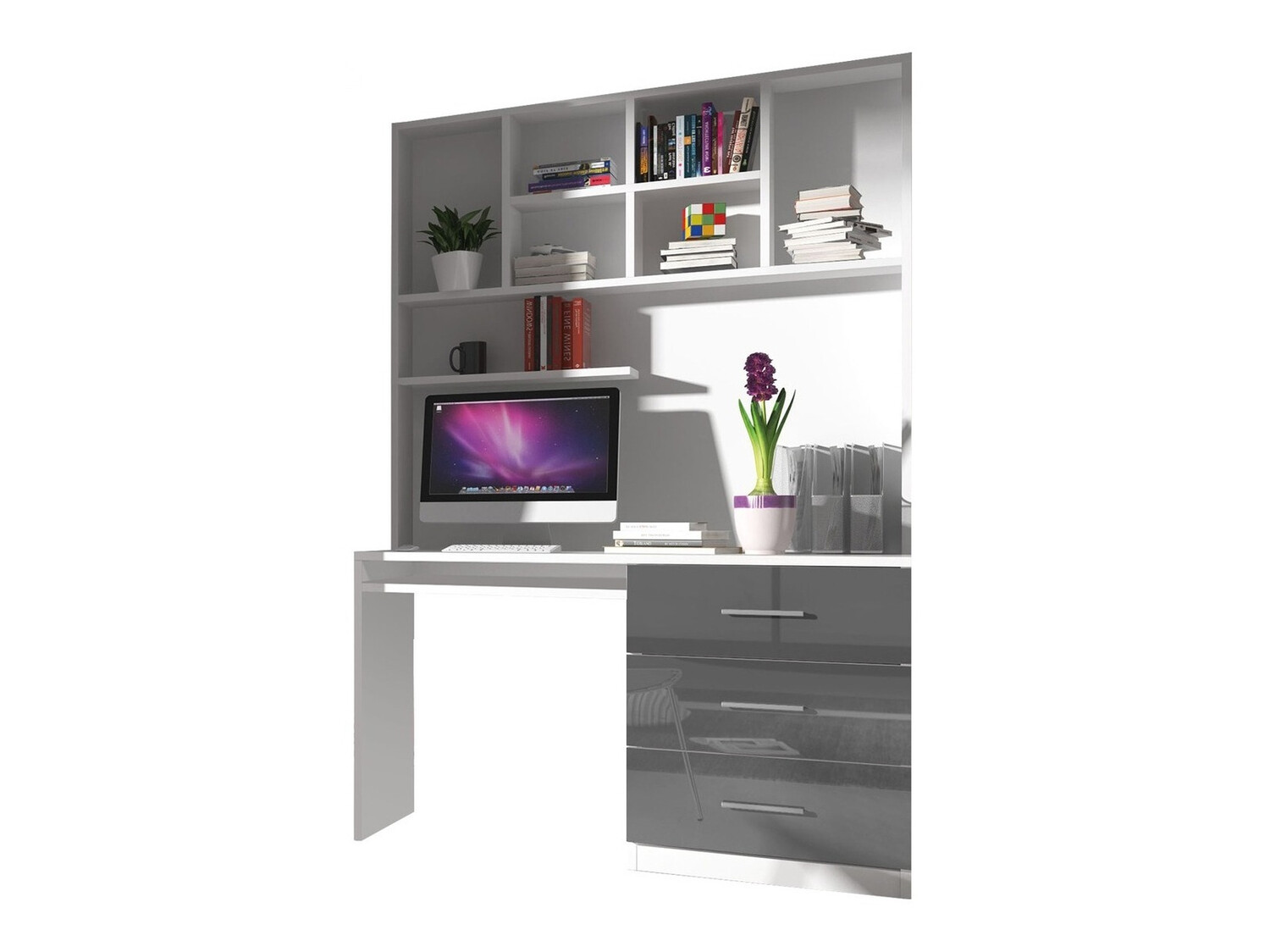 Chambre enfant complète Campus (Blanc brillant + Gris brillant)