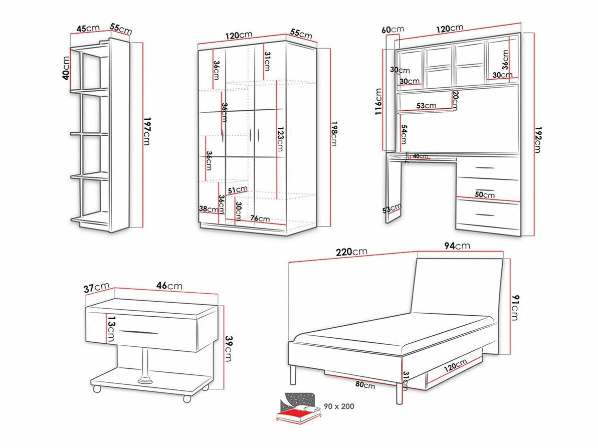 Chambre enfant complète Campus (Blanc brillant + Rose brillant)