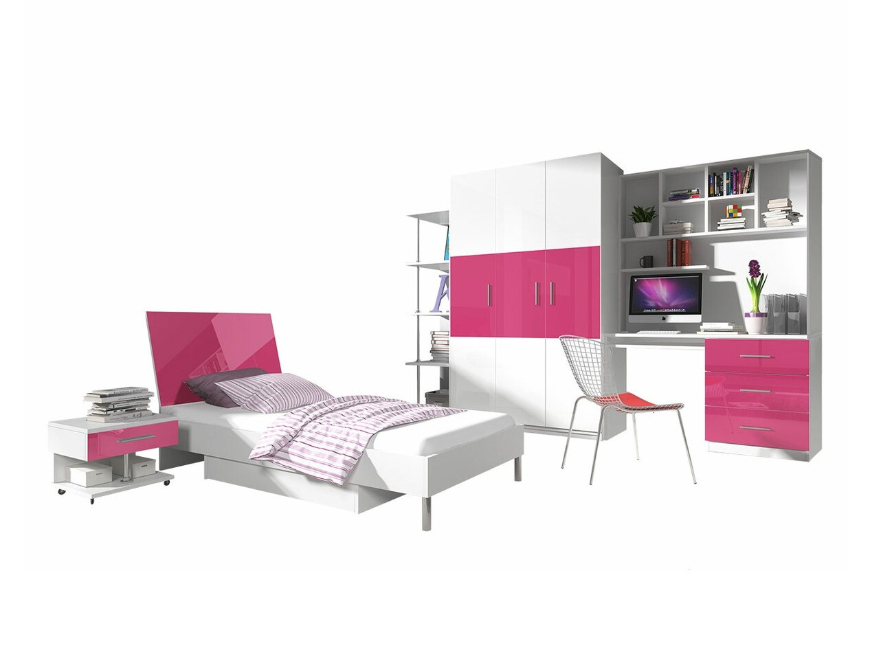 Chambre enfant complète Campus (Blanc brillant + Rose brillant)