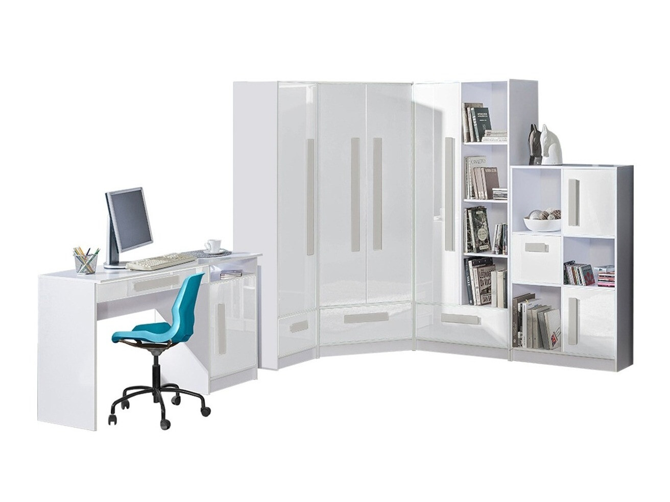 Chambre enfant complète Merevari 107 (Blanc + Blanc brillant + Gris)