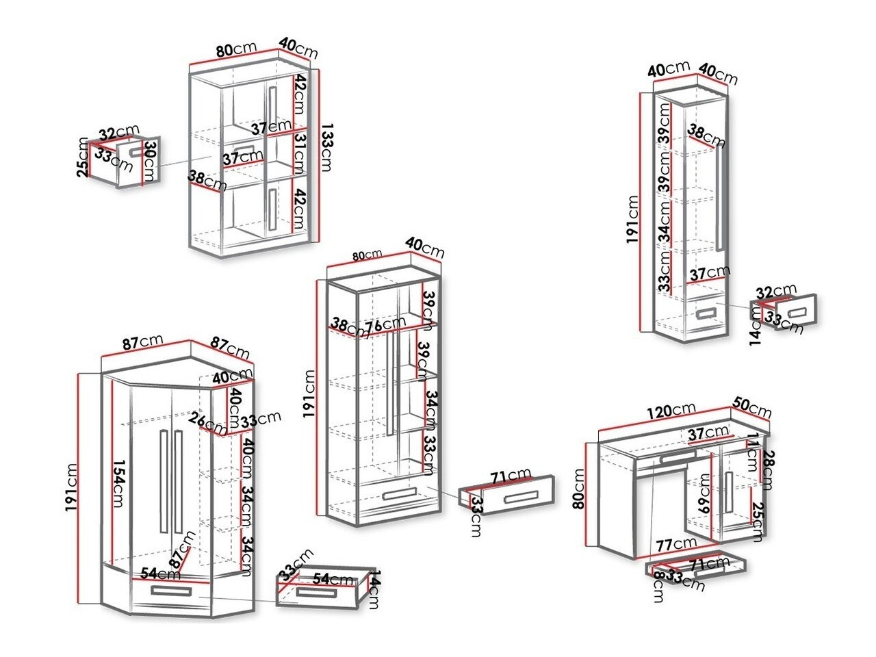 Chambre enfant complète Merevari 107 (Blanc + Blanc brillant + Gris)
