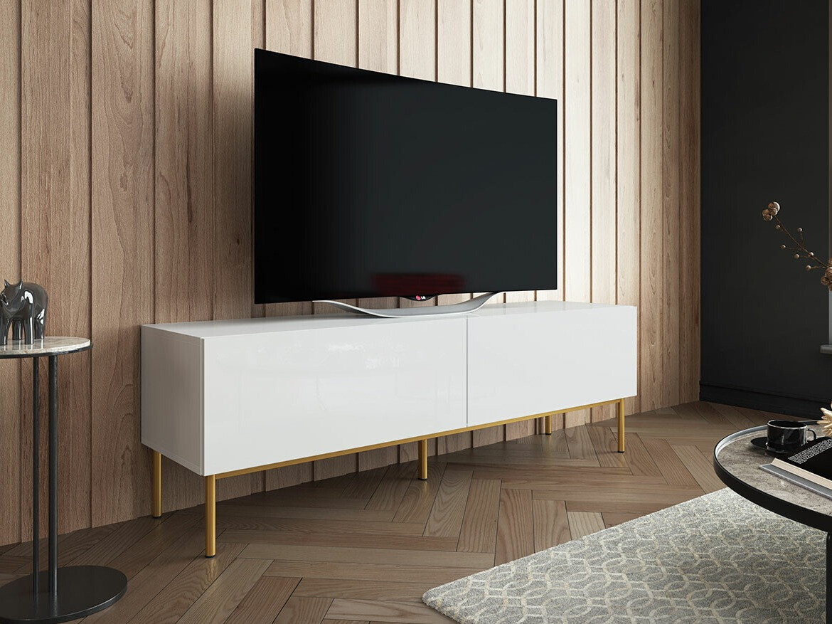 Meuble TV Charlotte 161 (Blanc + Blanc brillant + Doré)