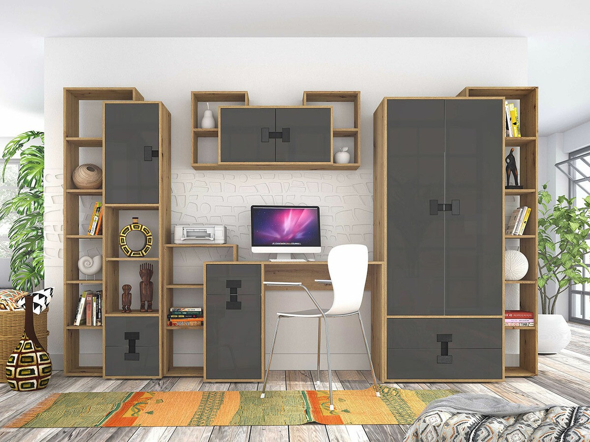 Ensemble de bureau à domicile Florevi 104 (Gris brillant + Chêne Artisan)
