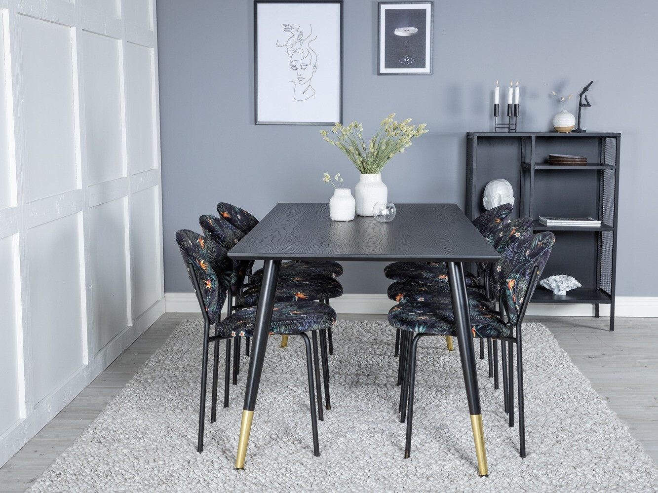 Salle à manger complète Dallas 1260 (Motif floral + Noir)