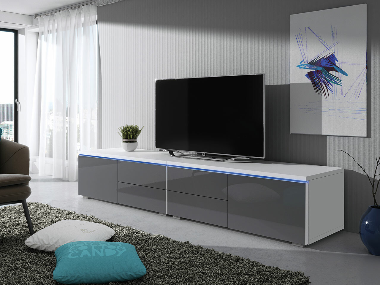 Meuble TV Hortus (Blanc + Gris brillant)