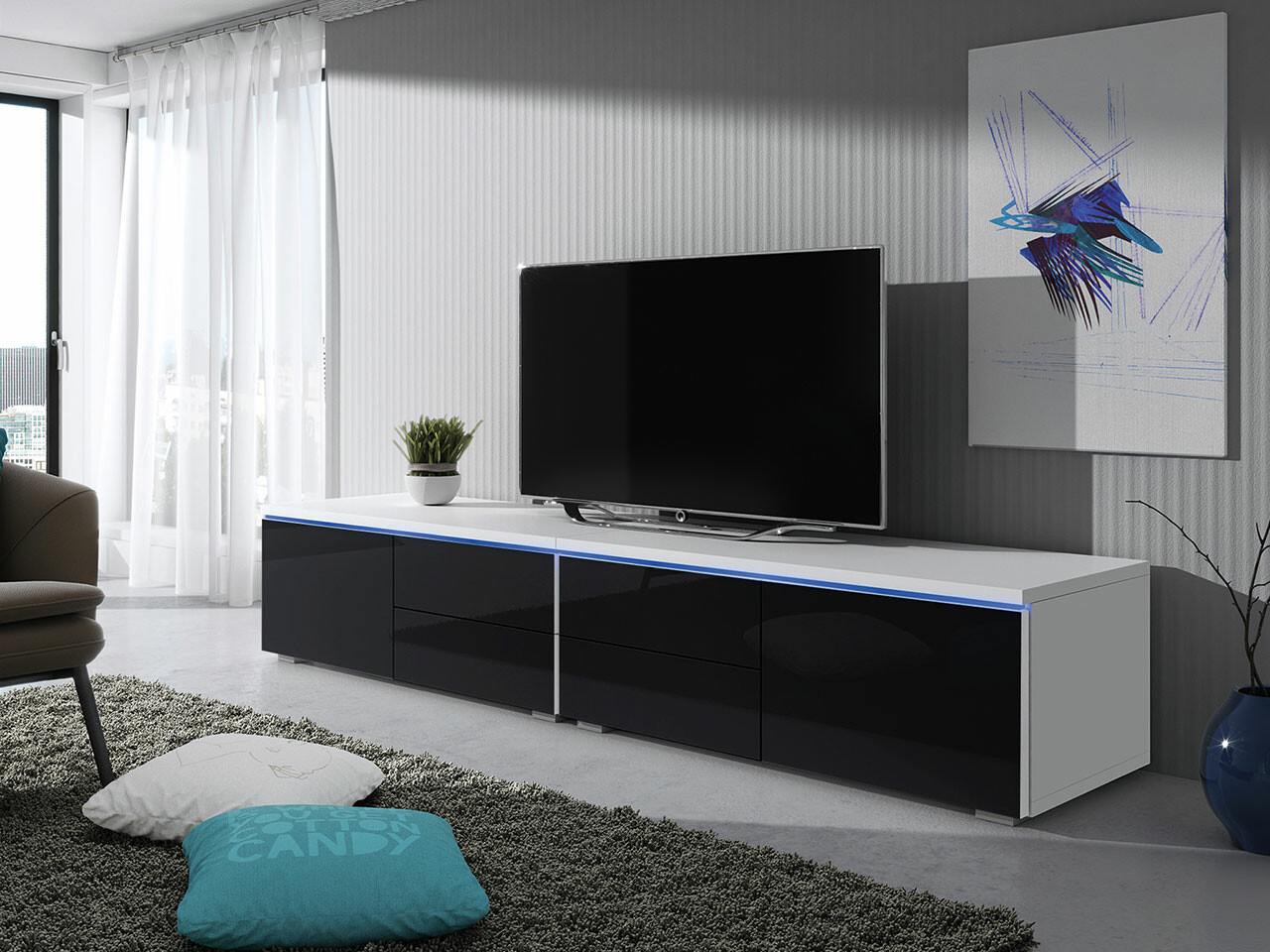 Meuble TV Hortus (Blanc + Noir brillant)