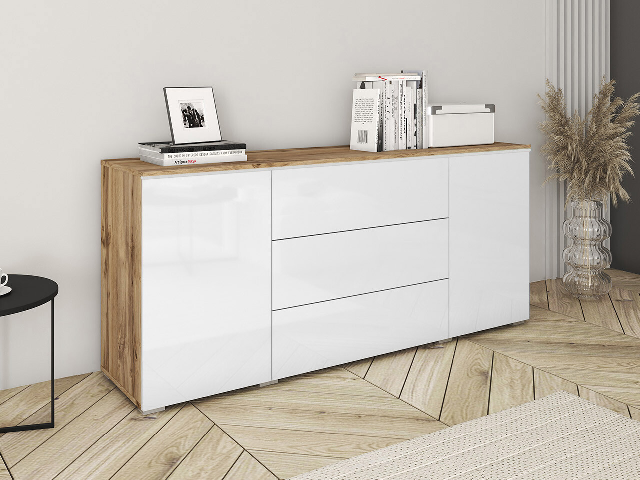 Commode Mirfivo 102 (Chêne wotan + Blanc brillant)
