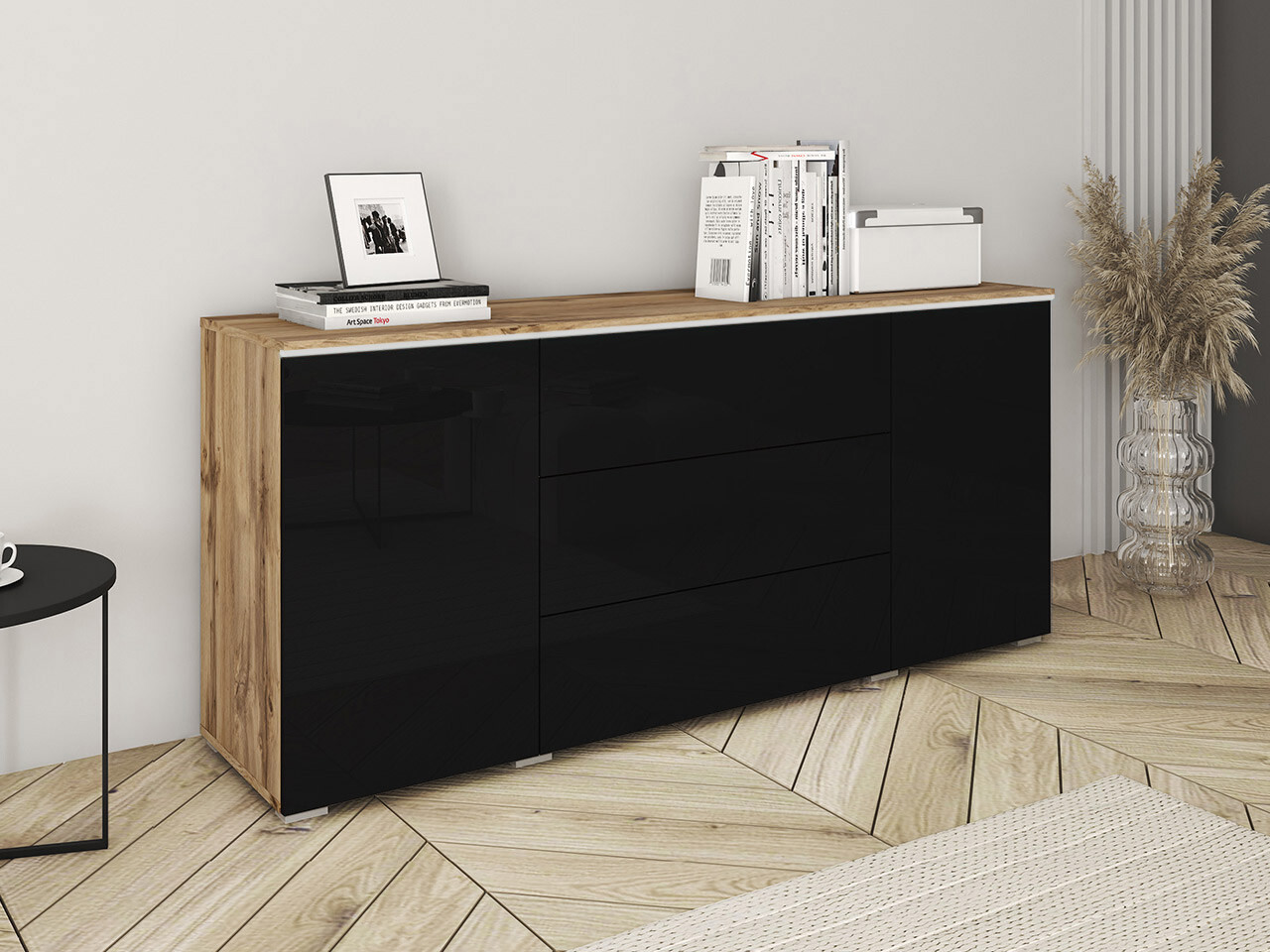 Commode Mirfivo 102 (Chêne wotan + Noir brillant)