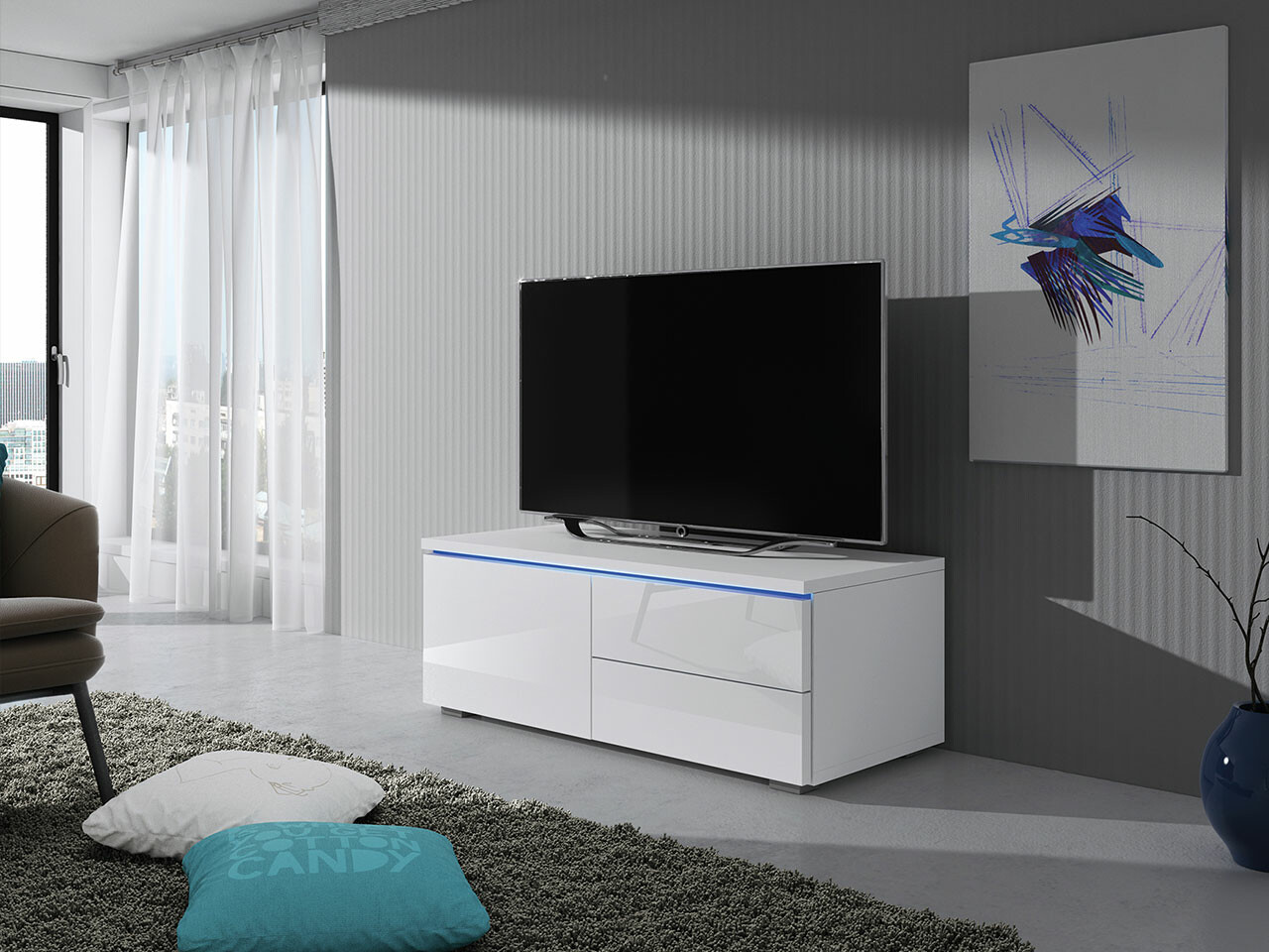 Meuble TV Nashville 130 (Blanc + Blanc brillant)