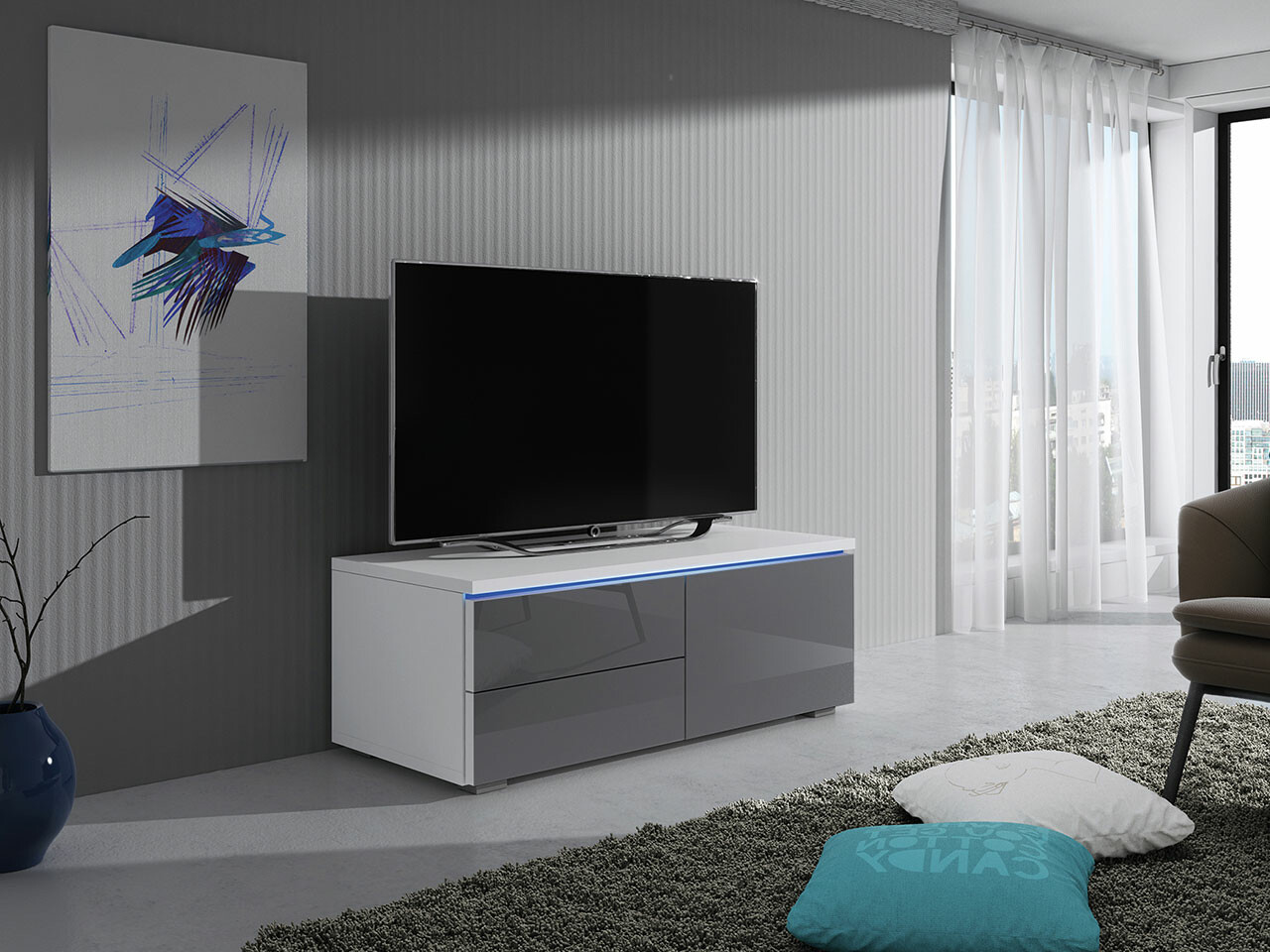 Meuble TV Nashville 130 (Blanc + Gris brillant)