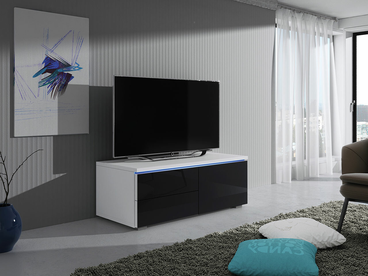 Meuble TV Nashville 130 (Blanc + Noir brillant)
