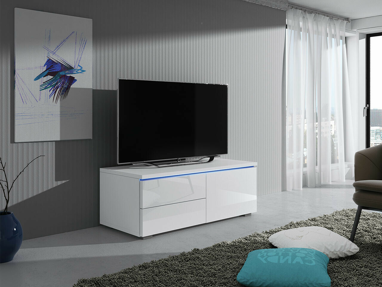 Meuble TV Uva VI (Blanc + Blanc brillant)