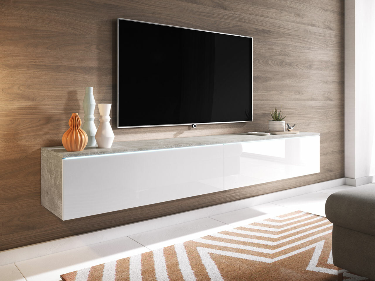 Meuble TV Scientia I (Béton + Blanc brillant)