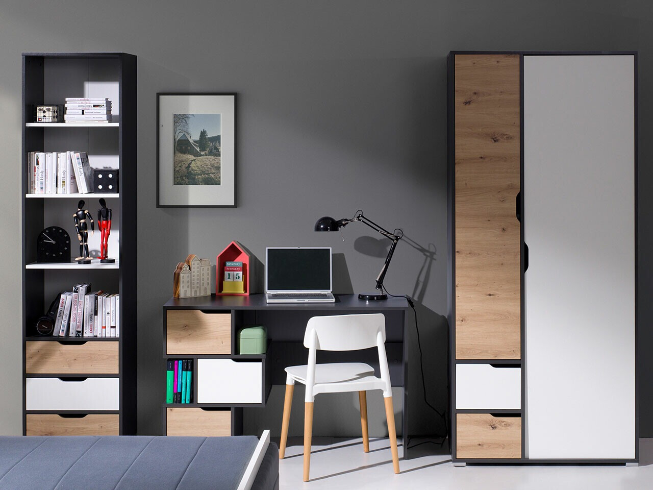 Ensemble de meubles Providence H118 (Blanc + Graphite + Chêne Artisan)