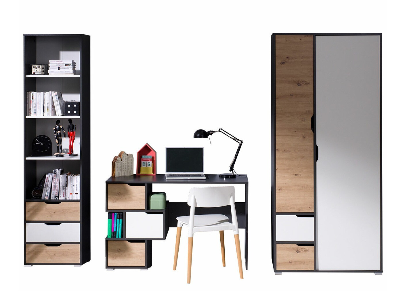 Ensemble de meubles Providence H118 (Blanc + Graphite + Chêne Artisan)