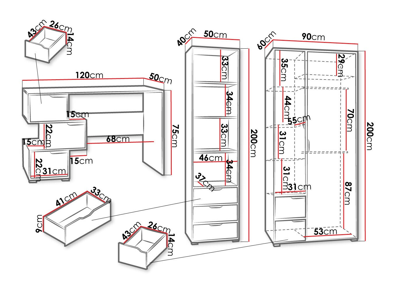 Ensemble de meubles Providence H118 (Blanc + Graphite + Chêne Artisan)