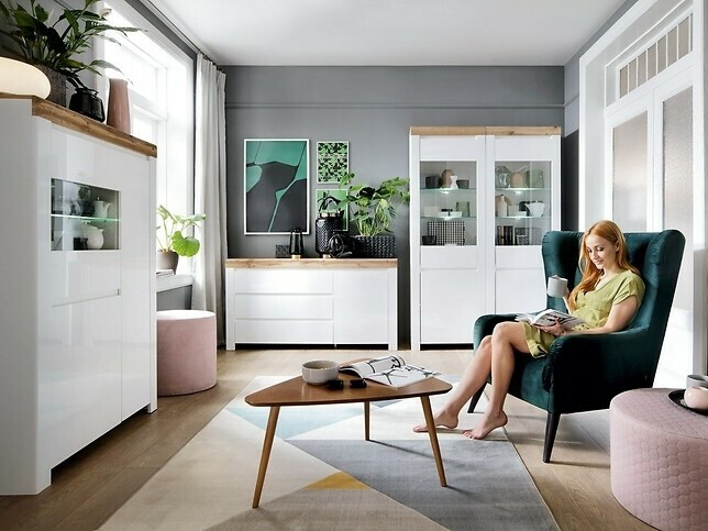 Commode Sonsoru 100 (Blanc + Blanc brillant + Chêne wotan)