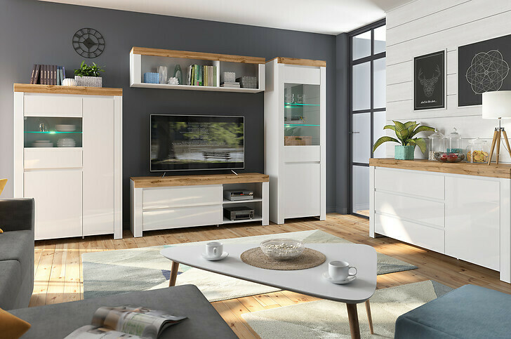 Commode Sonsoru 100 (Blanc + Blanc brillant + Chêne wotan)