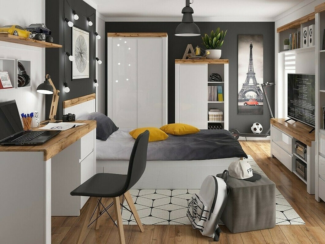 Armoire Sonsoru 110 (Blanc + Blanc brillant + Chêne wotan)