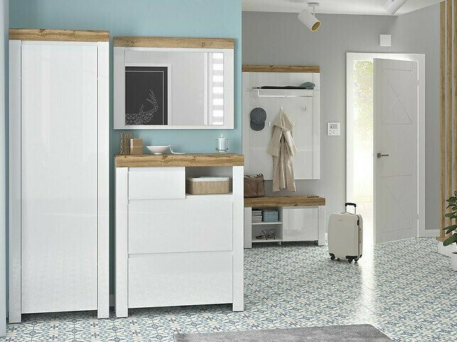Armoire Sonsoru 117 (Blanc + Blanc brillant + Chêne wotan)