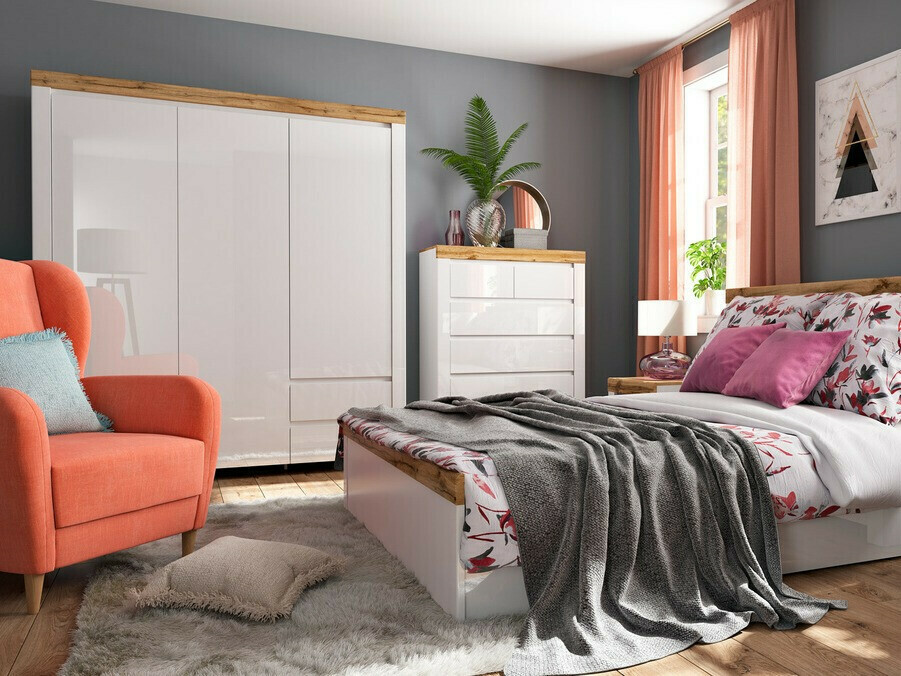 Armoire Sonsoru 120 (Blanc + Blanc brillant + Chêne wotan)
