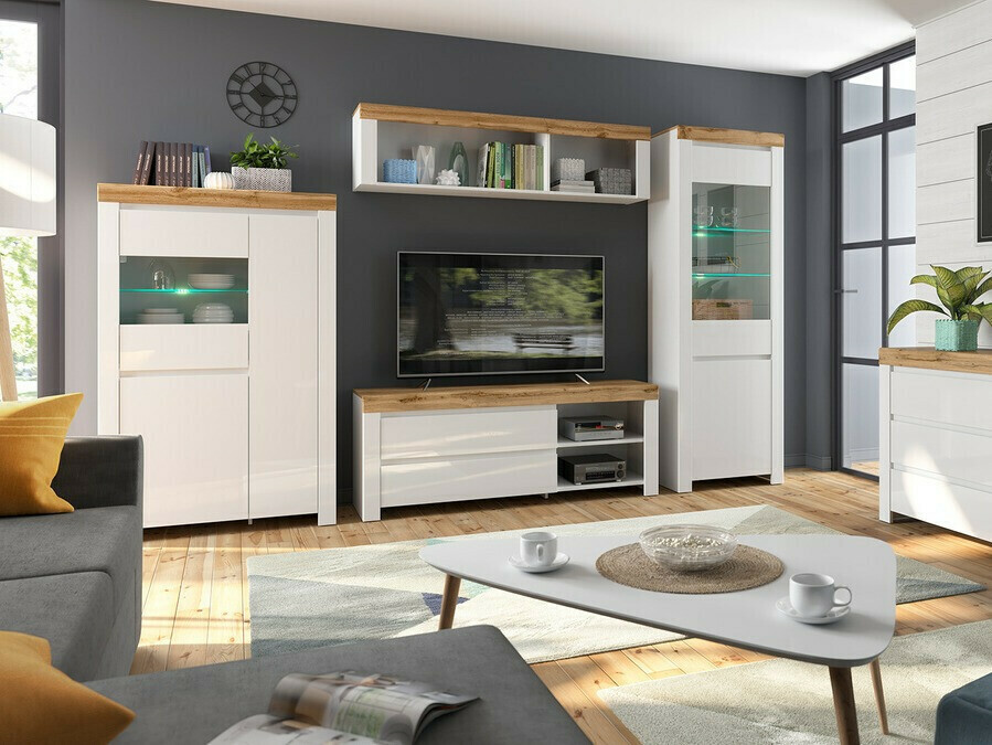Meuble TV Sonsoru 108 (Blanc + Blanc brillant + Chêne wotan)