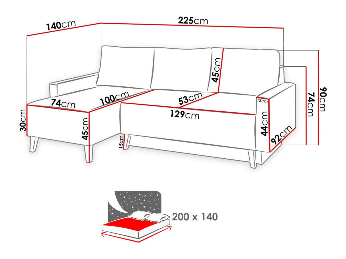 Canapé d'angle Delbene 130 (Aura 23 + Noir brillant)