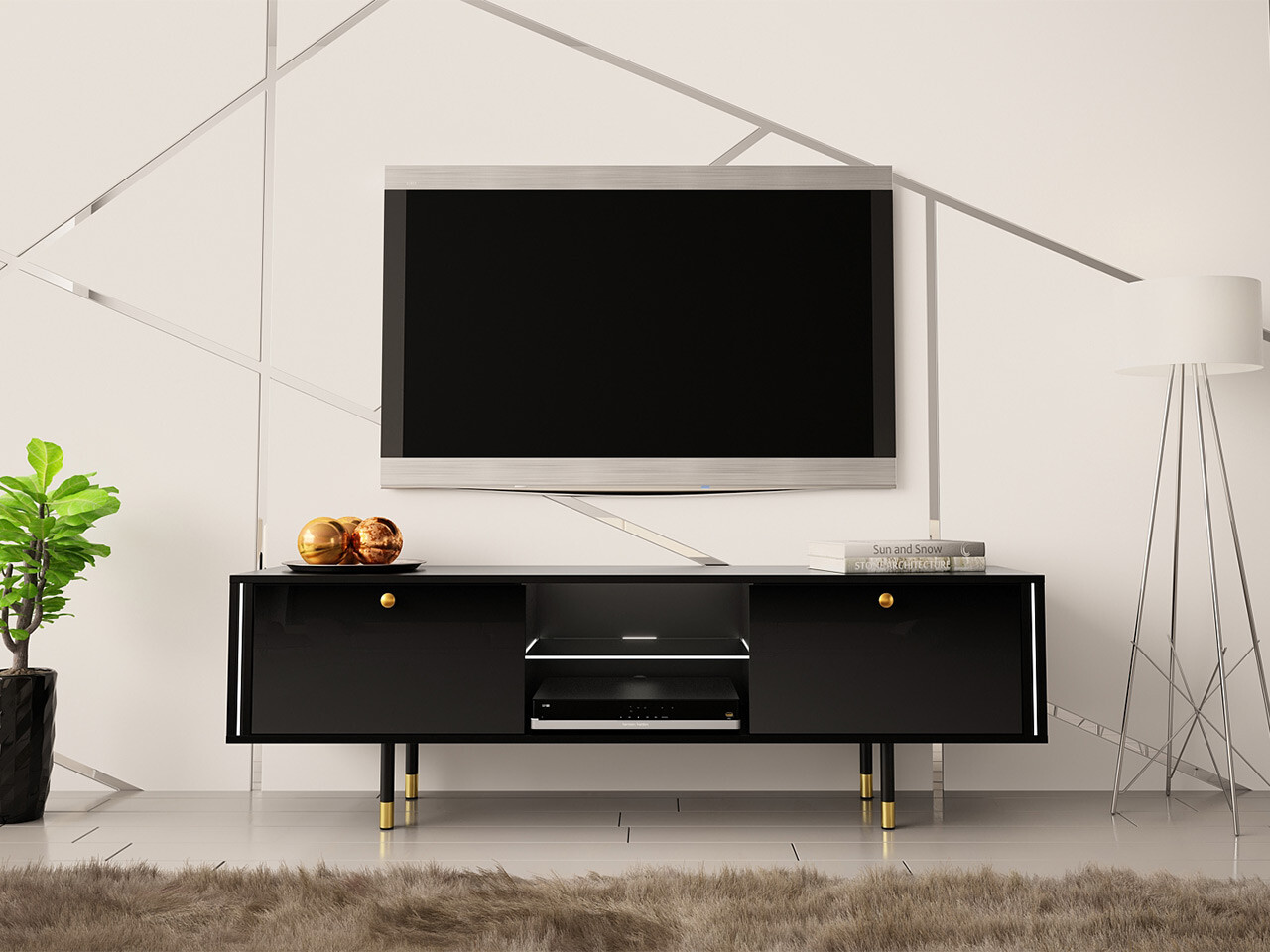 Meuble TV Merced 110 (Noir + Noir brillant)