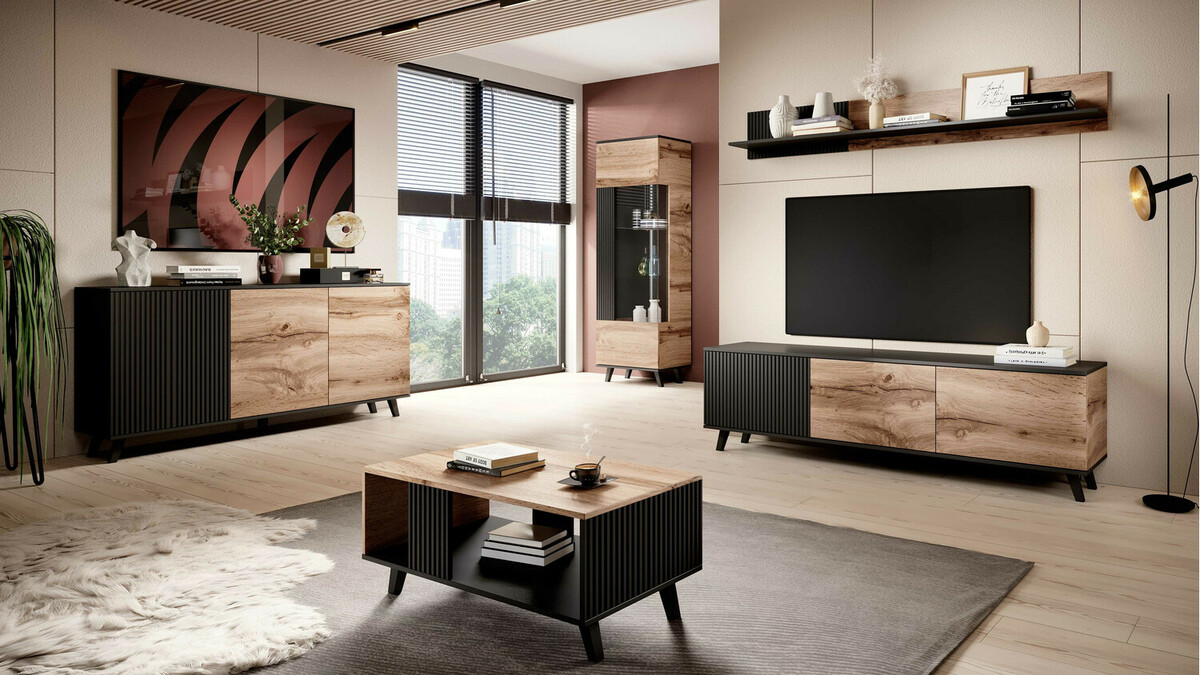 Meuble TV Luelia 115 (Noir + Chêne wotan)
