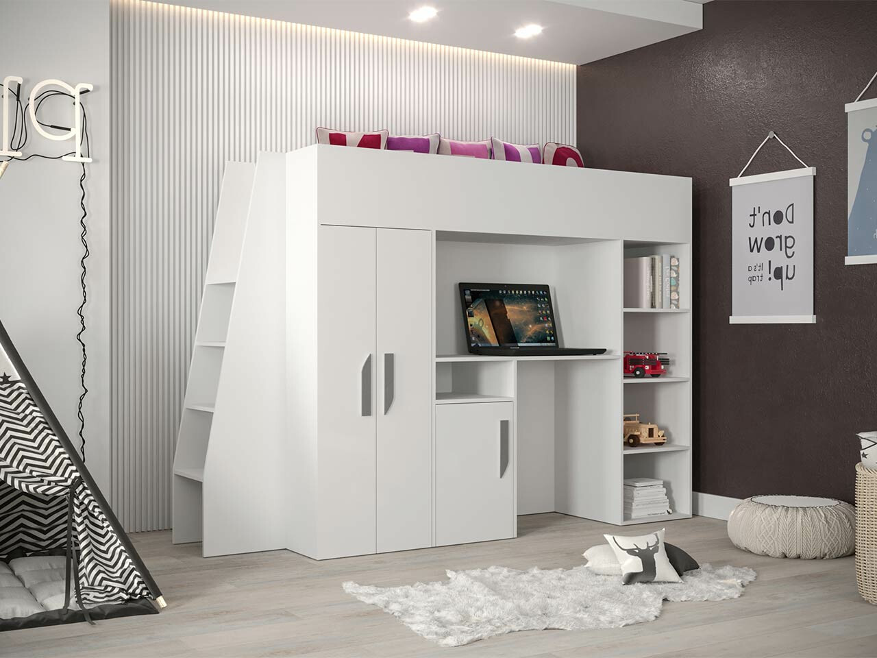 Lit mezzanine Hartford 355 (Blanc + Blanc brillant + Gris)