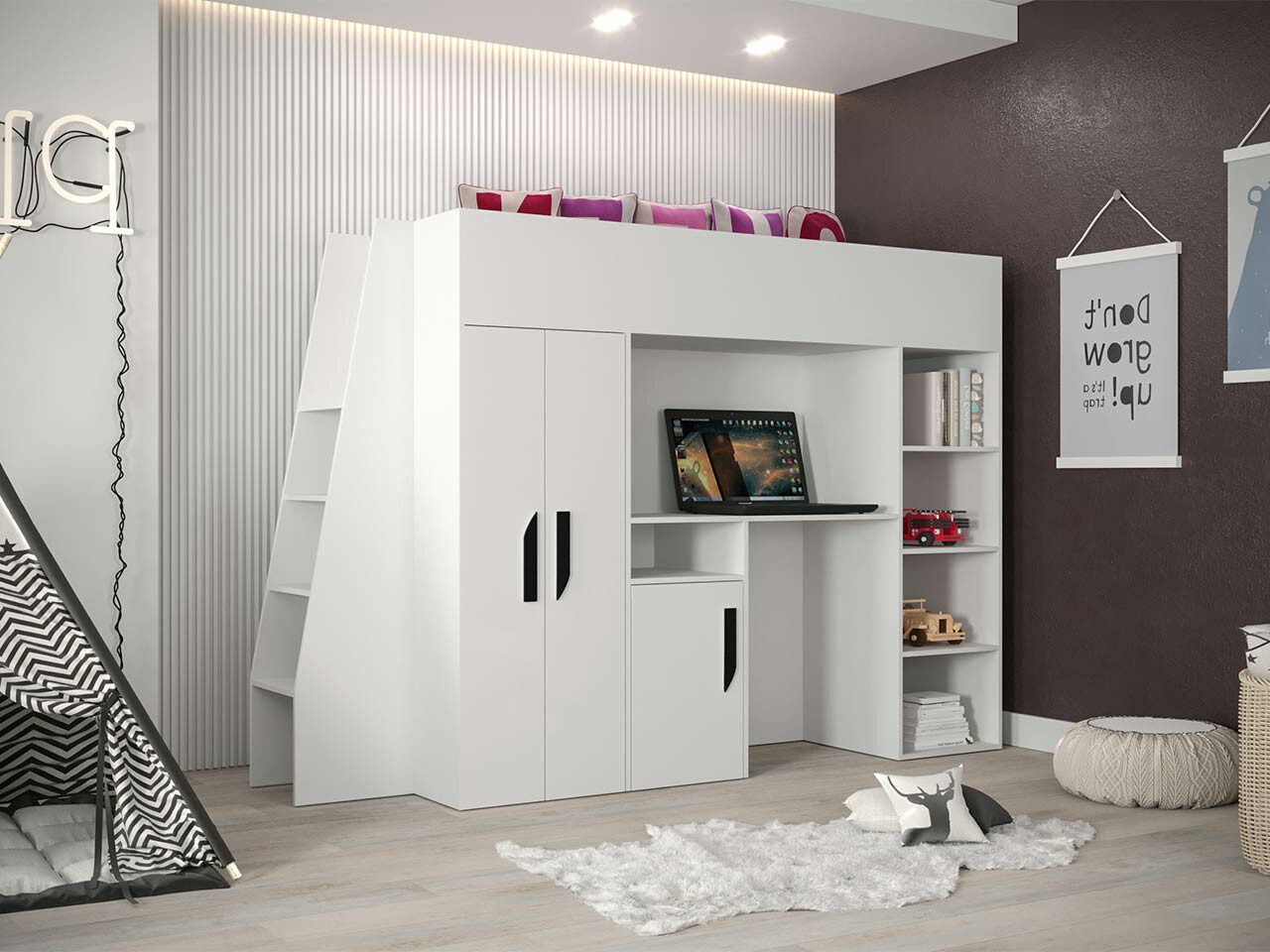 Lit mezzanine Hartford 355 (Blanc + Blanc brillant + Noir)