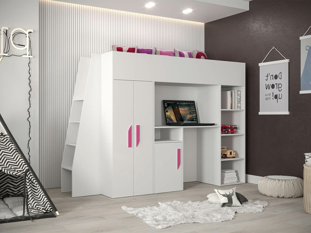 Lit mezzanine Hartford 355 (Blanc + Blanc brillant + Rose)