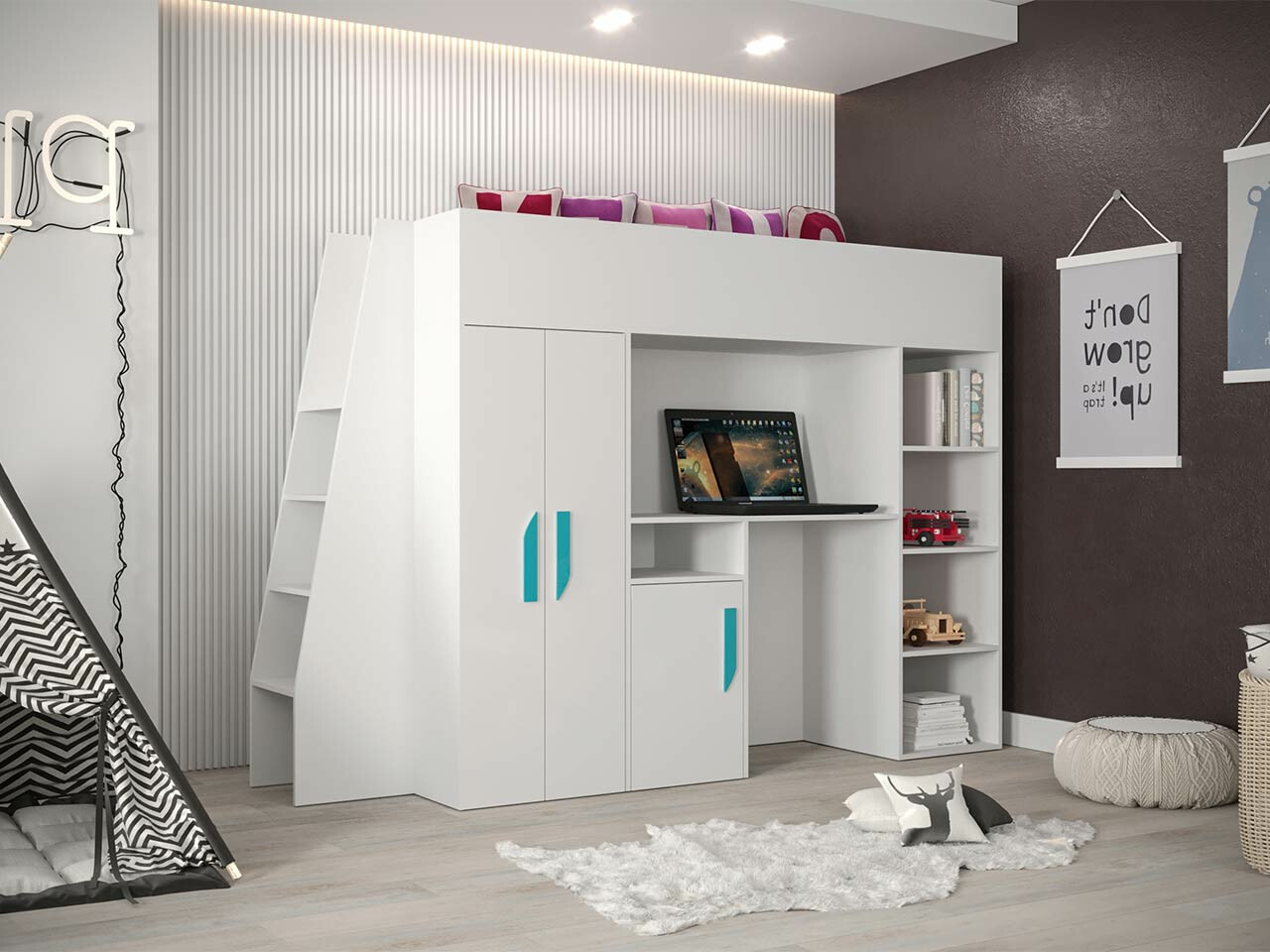 Lit mezzanine Hartford 355 (Blanc + Blanc brillant + Turquoise)