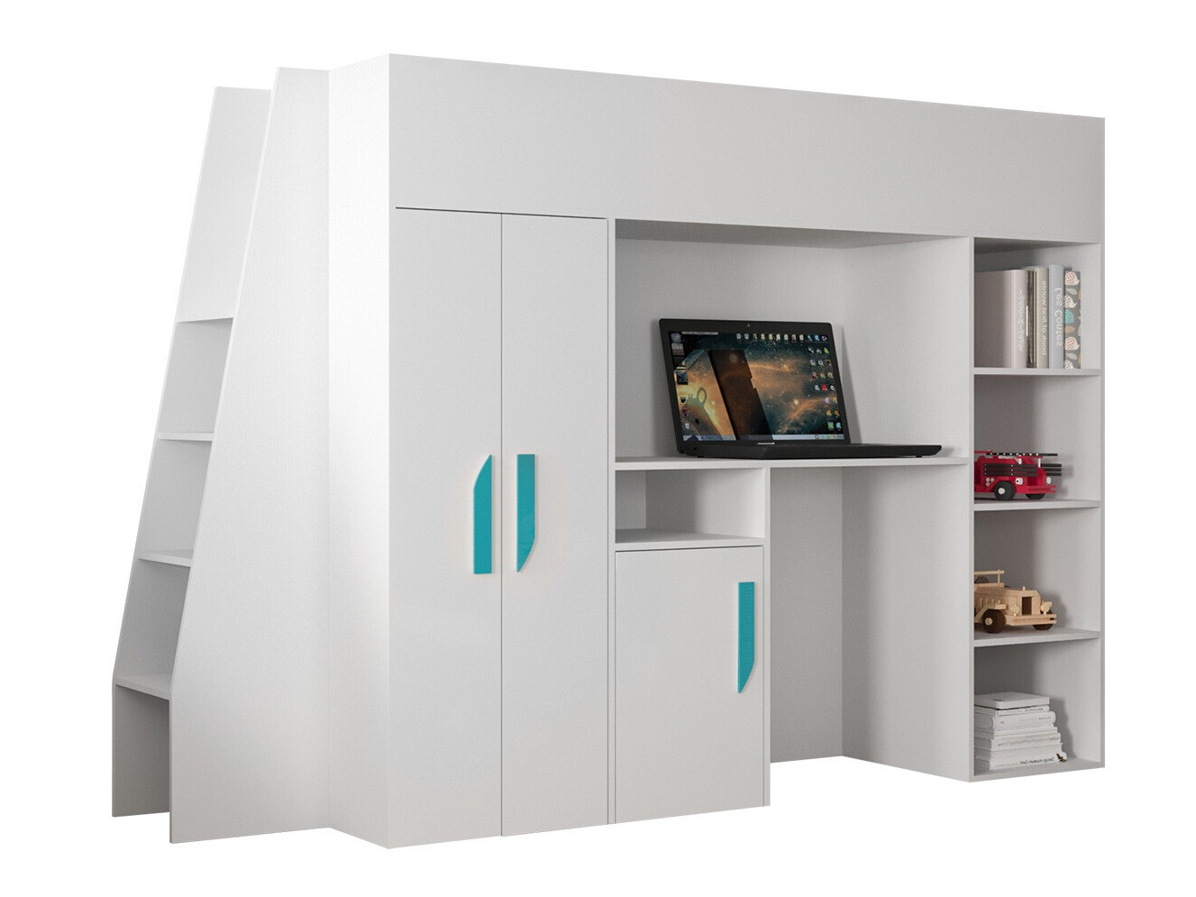 Lit mezzanine Hartford 355 (Blanc + Blanc brillant + Turquoise)