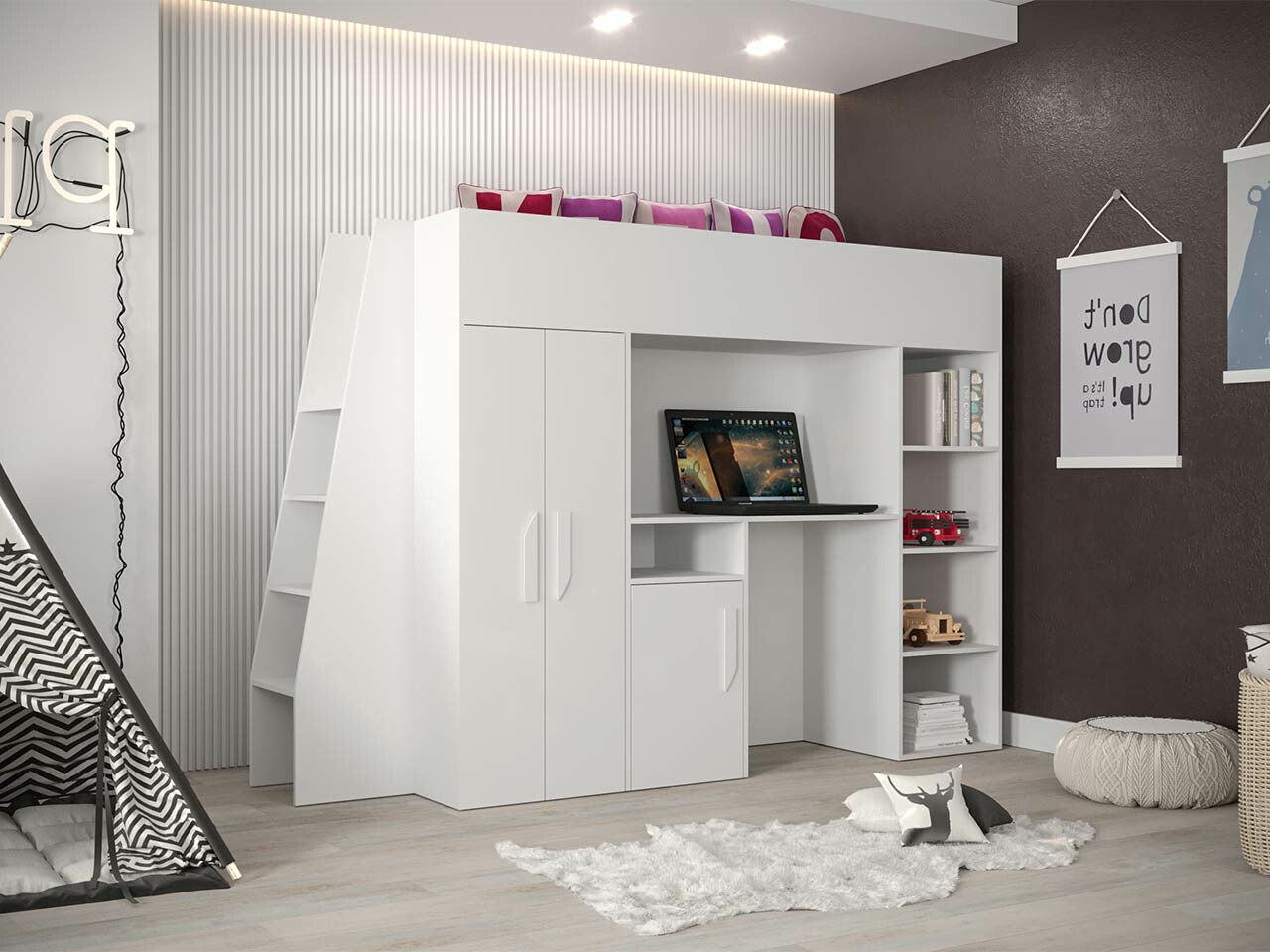 Lit mezzanine Hartford 355 (Blanc + Blanc brillant)