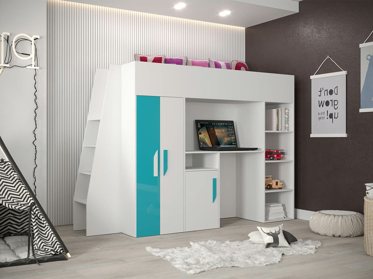 Lit mezzanine Hartford 355 (Blanc + Brillant Turquoise + Blanc brillant)