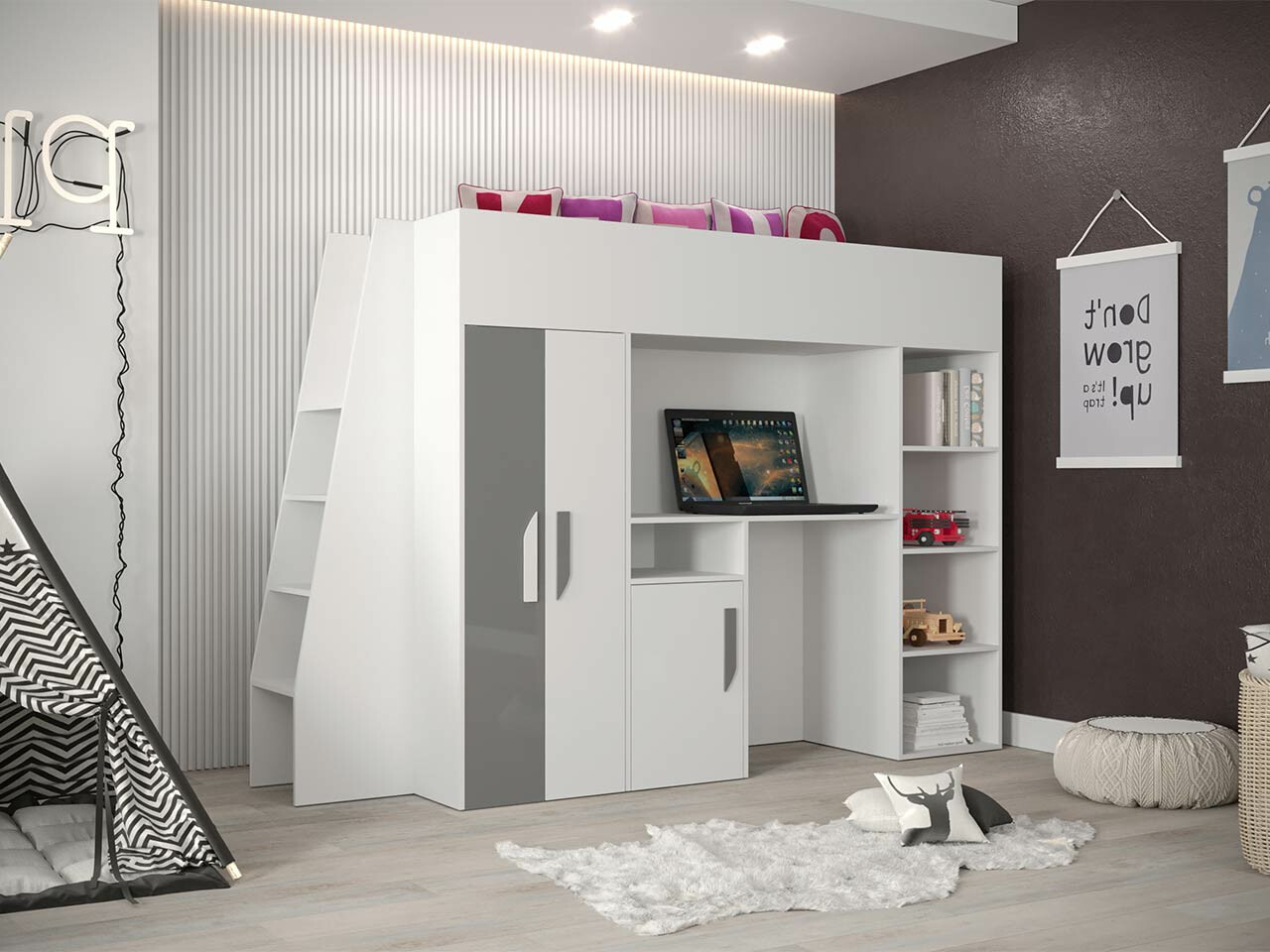 Lit mezzanine Hartford 355 (Blanc + Gris brillant + Blanc brillant)