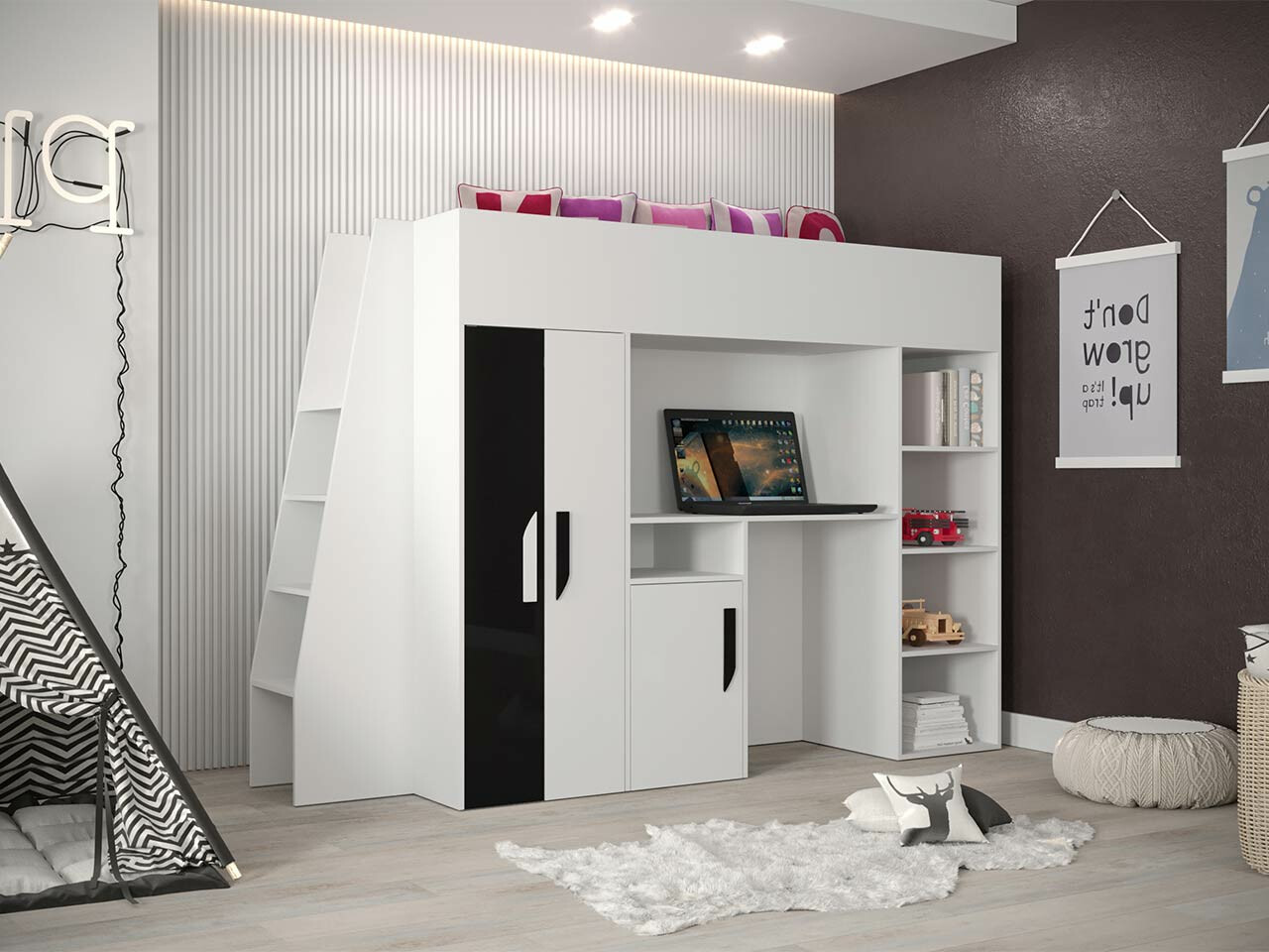 Lit mezzanine Hartford 355 (Blanc + Noir brillant + Blanc brillant)