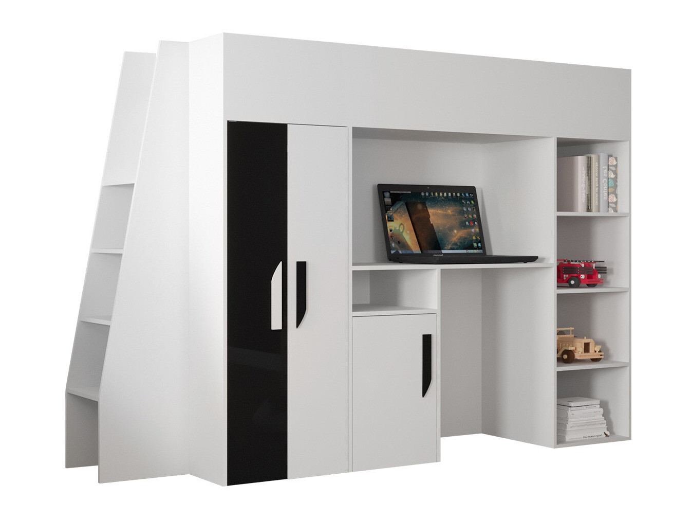 Lit mezzanine Hartford 355 (Blanc + Noir brillant + Blanc brillant)