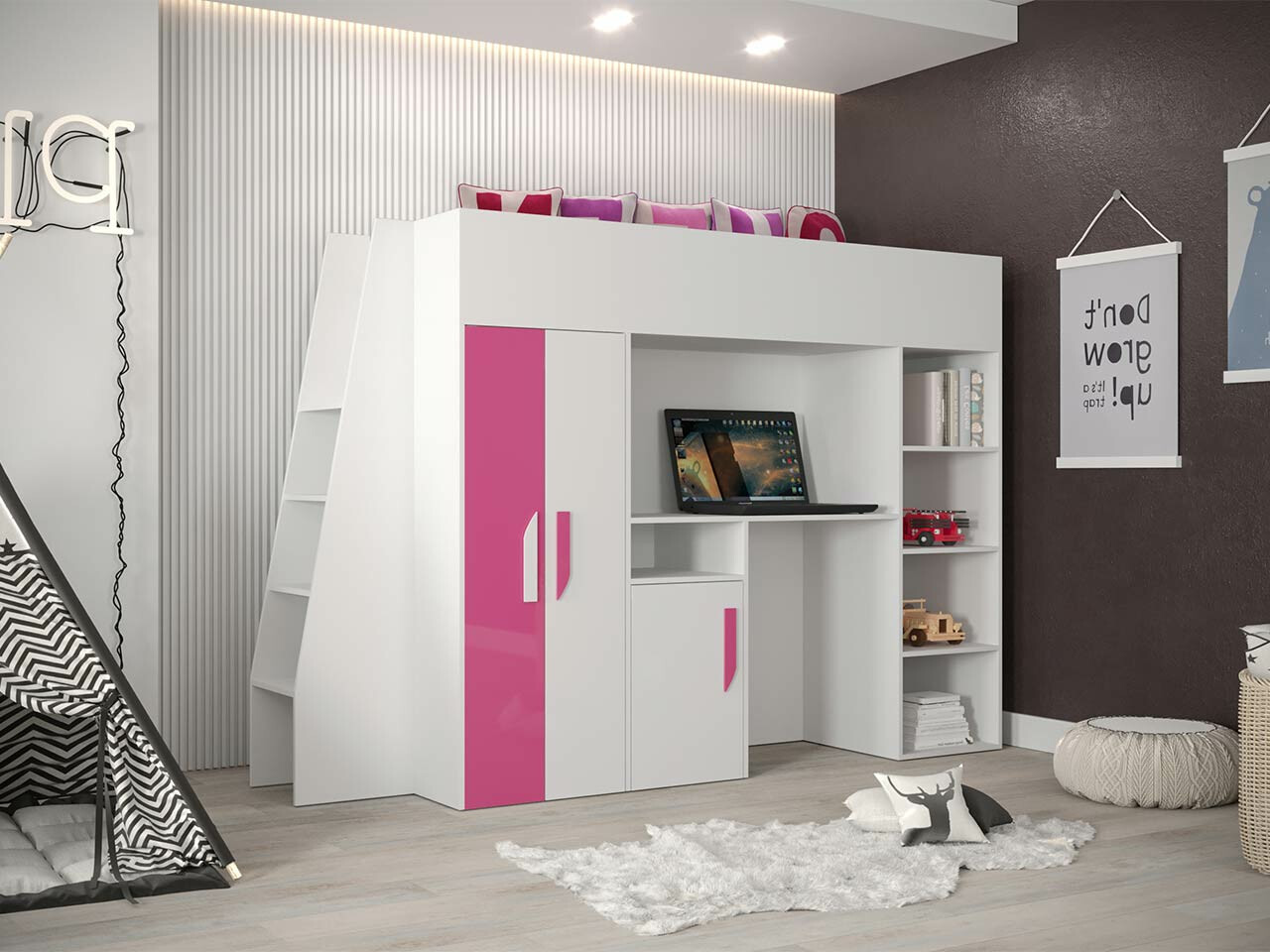 Lit mezzanine Hartford 355 (Blanc + Rose brillant + Blanc brillant)