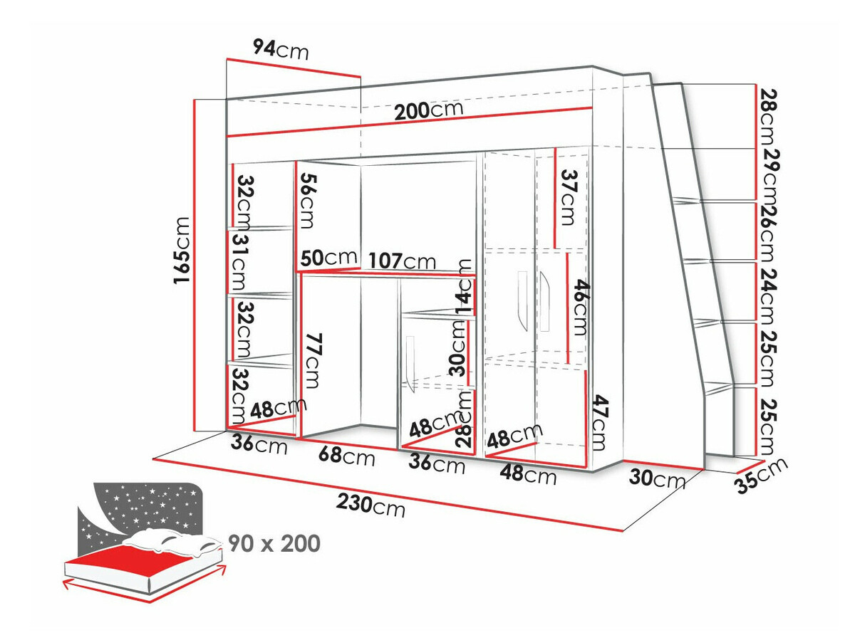 Lit mezzanine Hartford 355 (Blanc + Blanc brillant + Gris)