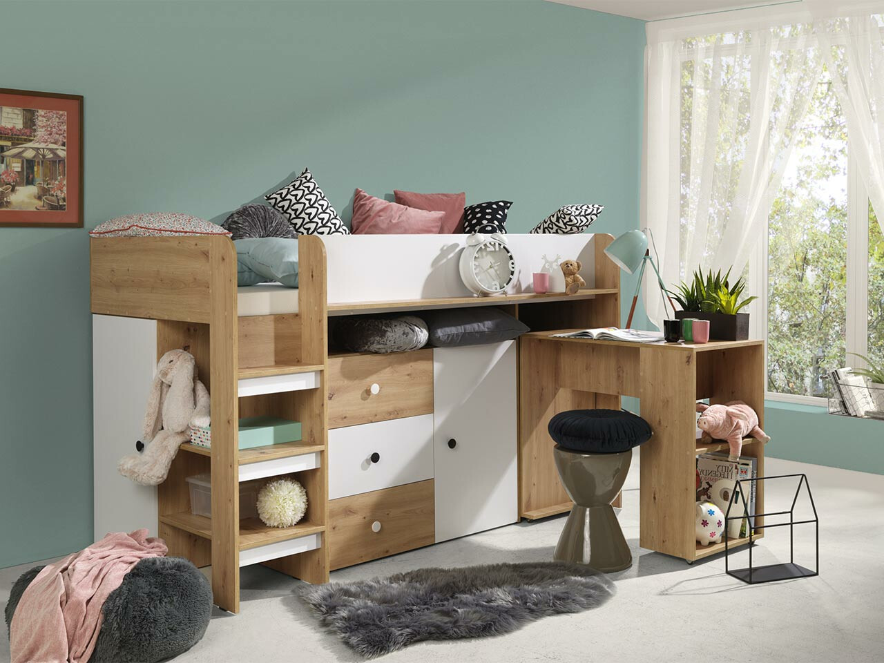 Lit mezzanine Hartford 359 (Chêne Artisan + Blanc)