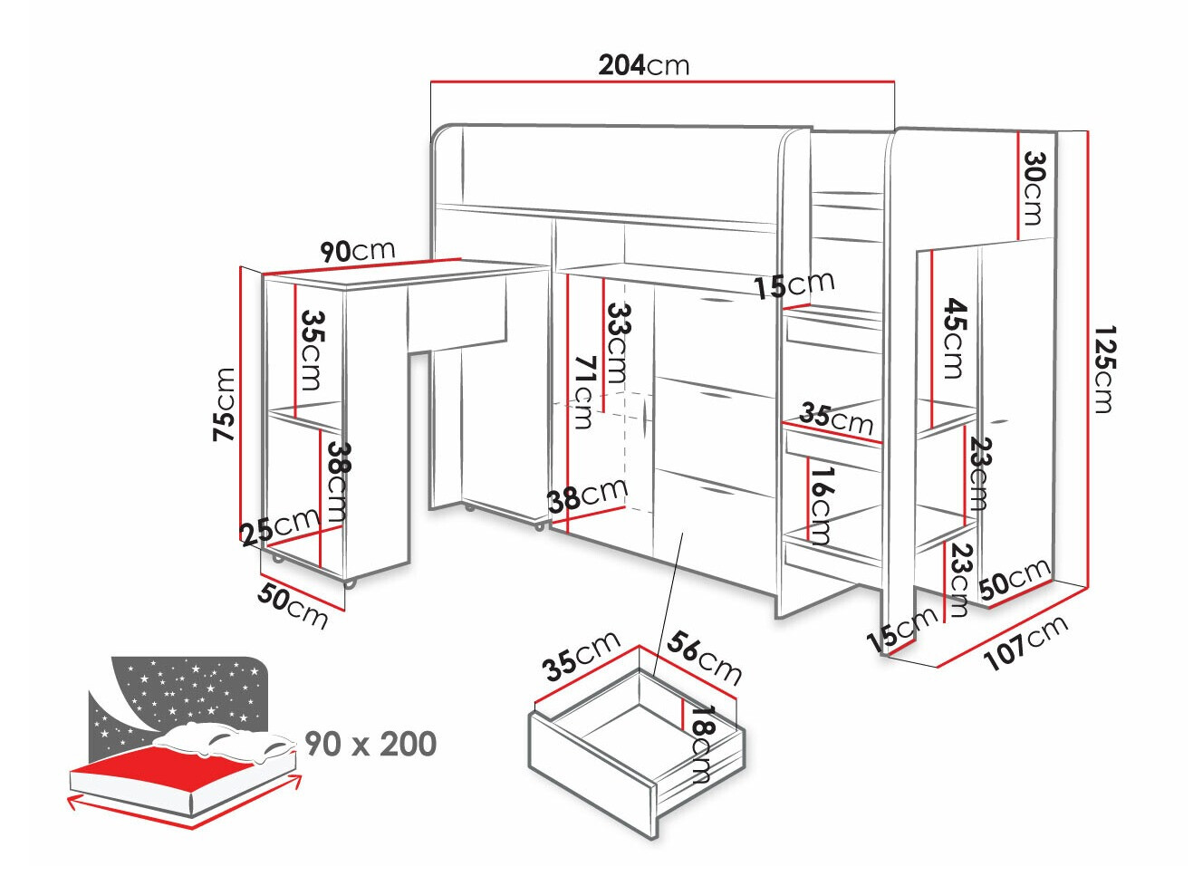 Lit mezzanine Hartford 363 (Béton + Blanc)