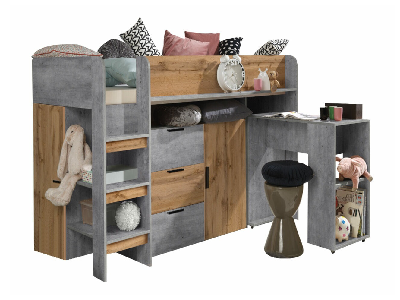 Lit mezzanine Hartford 363 (Béton + Chêne wotan)