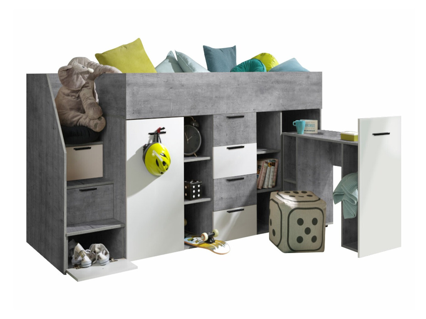 Lit mezzanine Hartford 364 (Béton + Blanc)