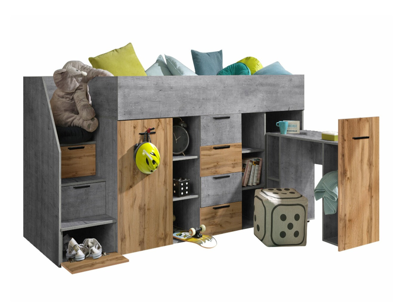 Lit mezzanine Hartford 364 (Béton + Chêne wotan)