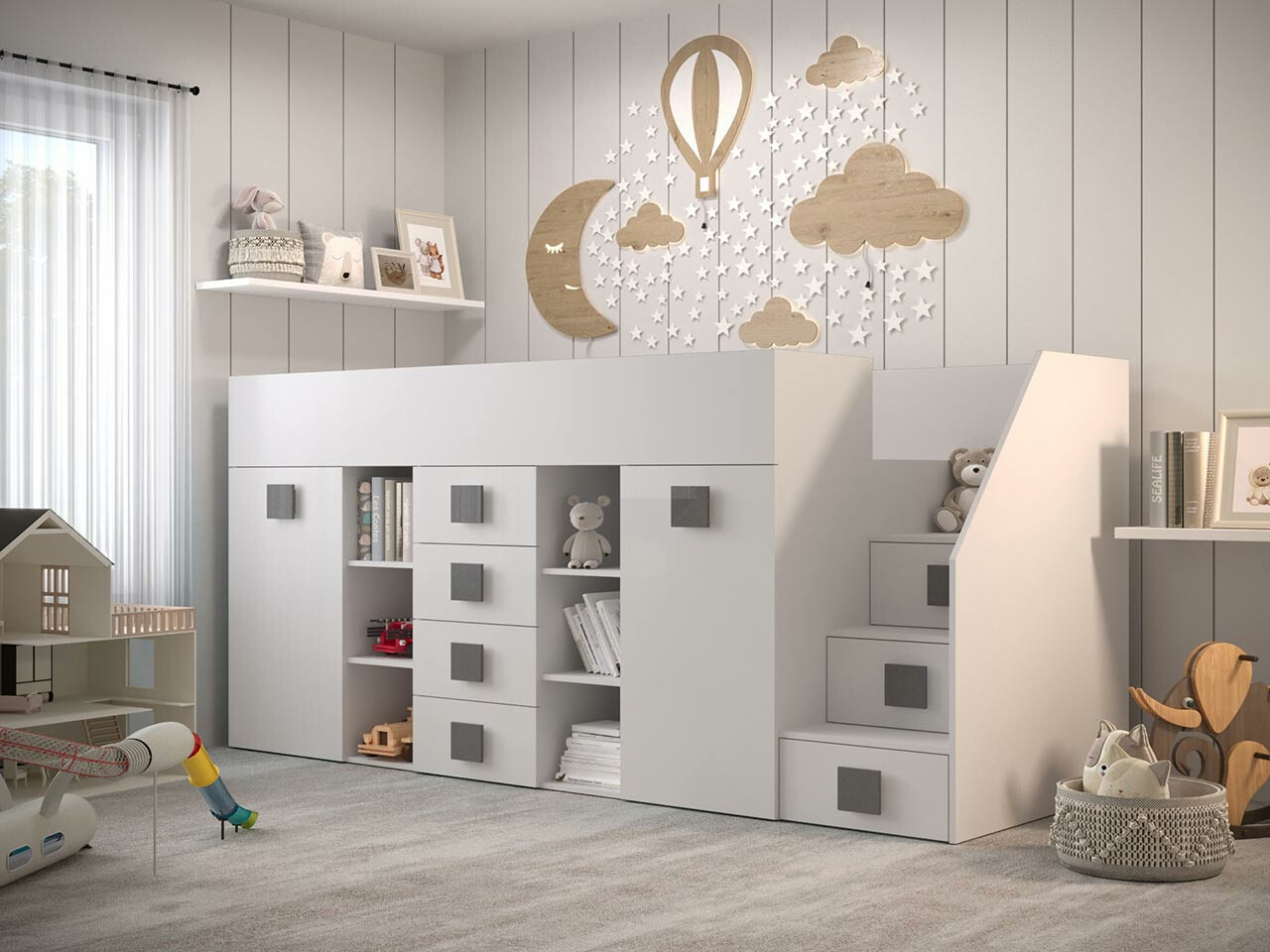 Lit mezzanine Hartford 366 (Blanc + Blanc brillant + Gris)