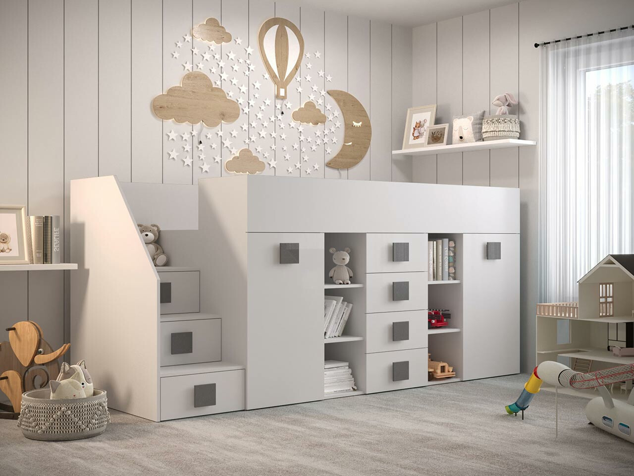 Lit mezzanine Hartford 366 (Blanc + Blanc brillant + Gris)