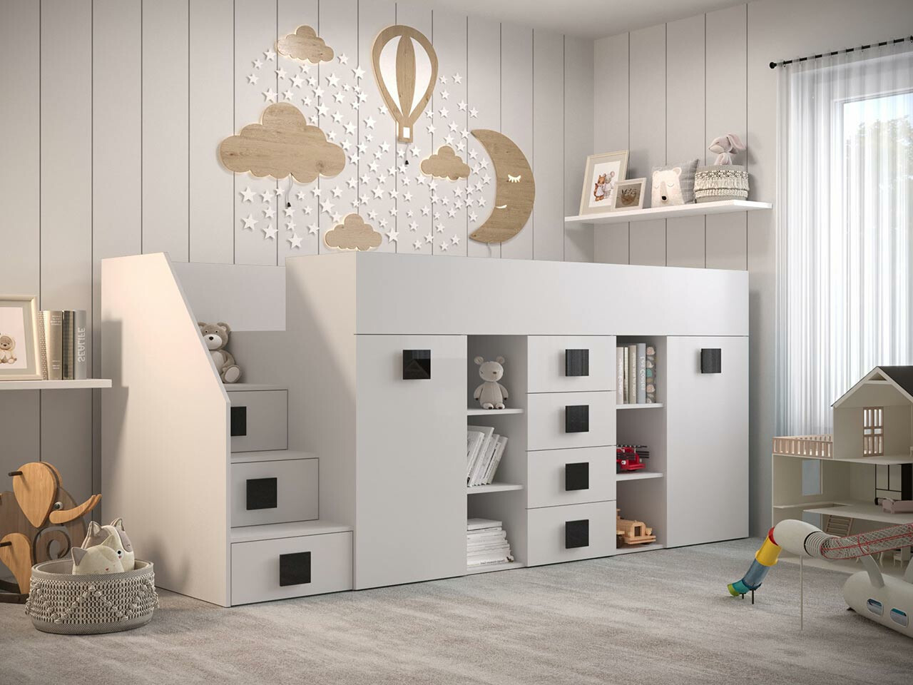 Lit mezzanine Hartford 366 (Blanc + Blanc brillant + Noir)